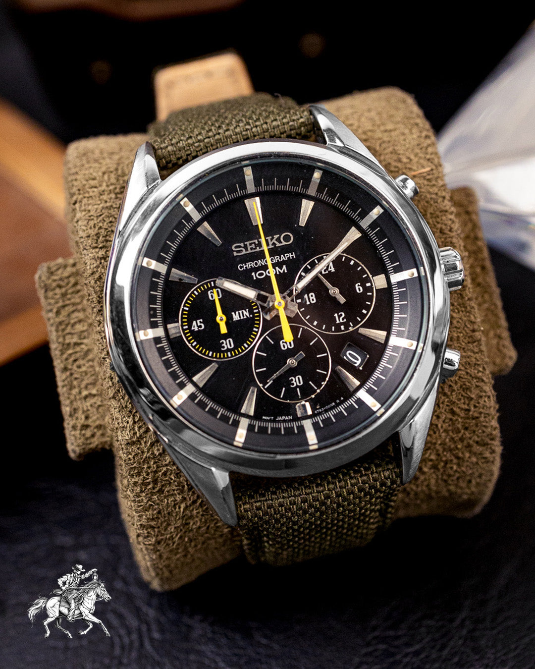 Seiko - Yellow-Accent Chronograph 100M on Olive Canvas