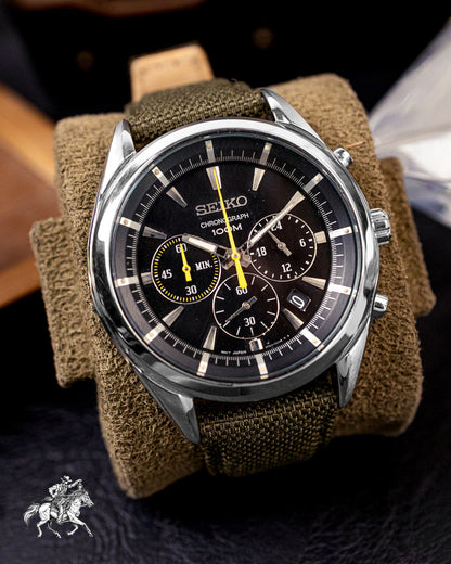 Seiko - Yellow-Accent Chronograph 100M on Olive Canvas