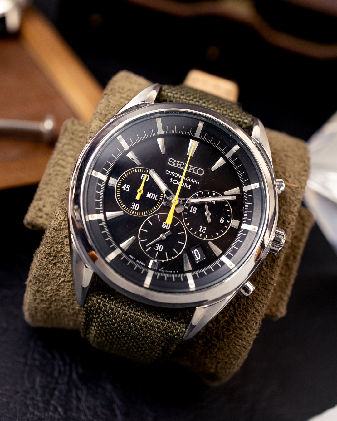 Seiko - Yellow-Accent Chronograph 100M on Olive Canvas
