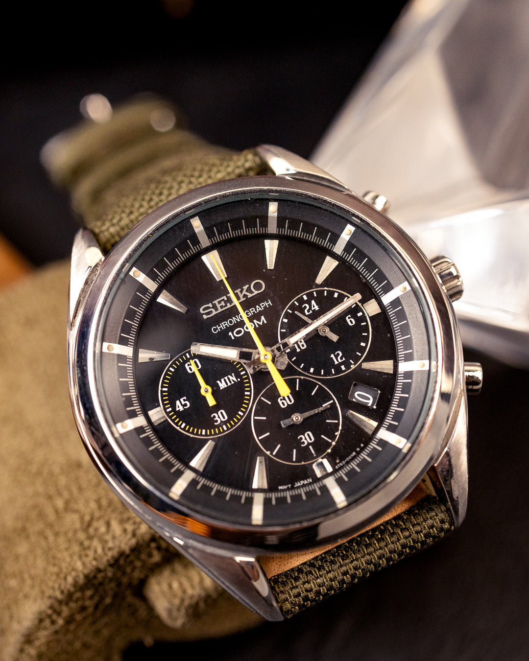 Seiko - Yellow-Accent Chronograph 100M on Olive Canvas
