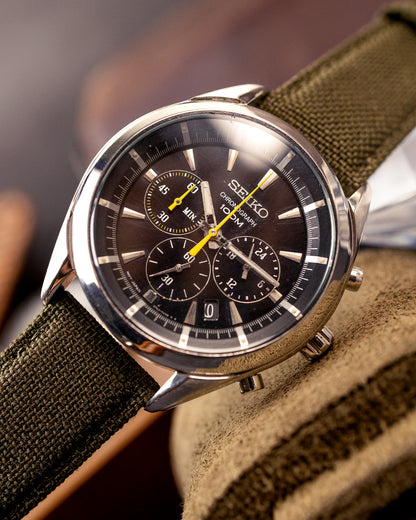 Seiko - Yellow-Accent Chronograph 100M on Olive Canvas